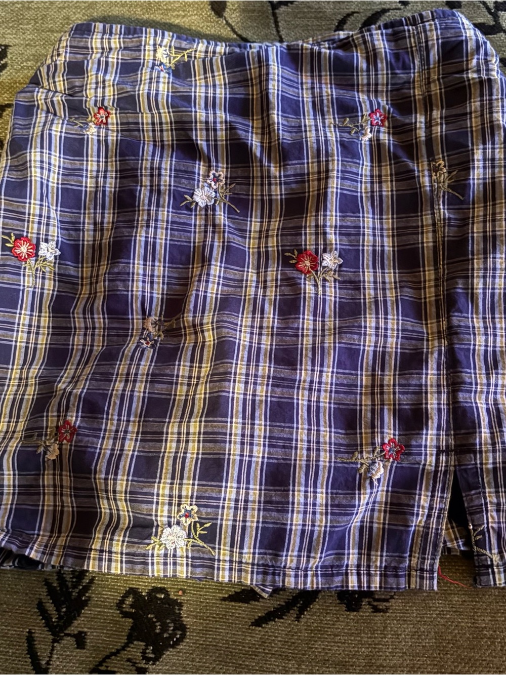 Girls Navy Plaid Embroidered Girls Skort - Red Floral Detail